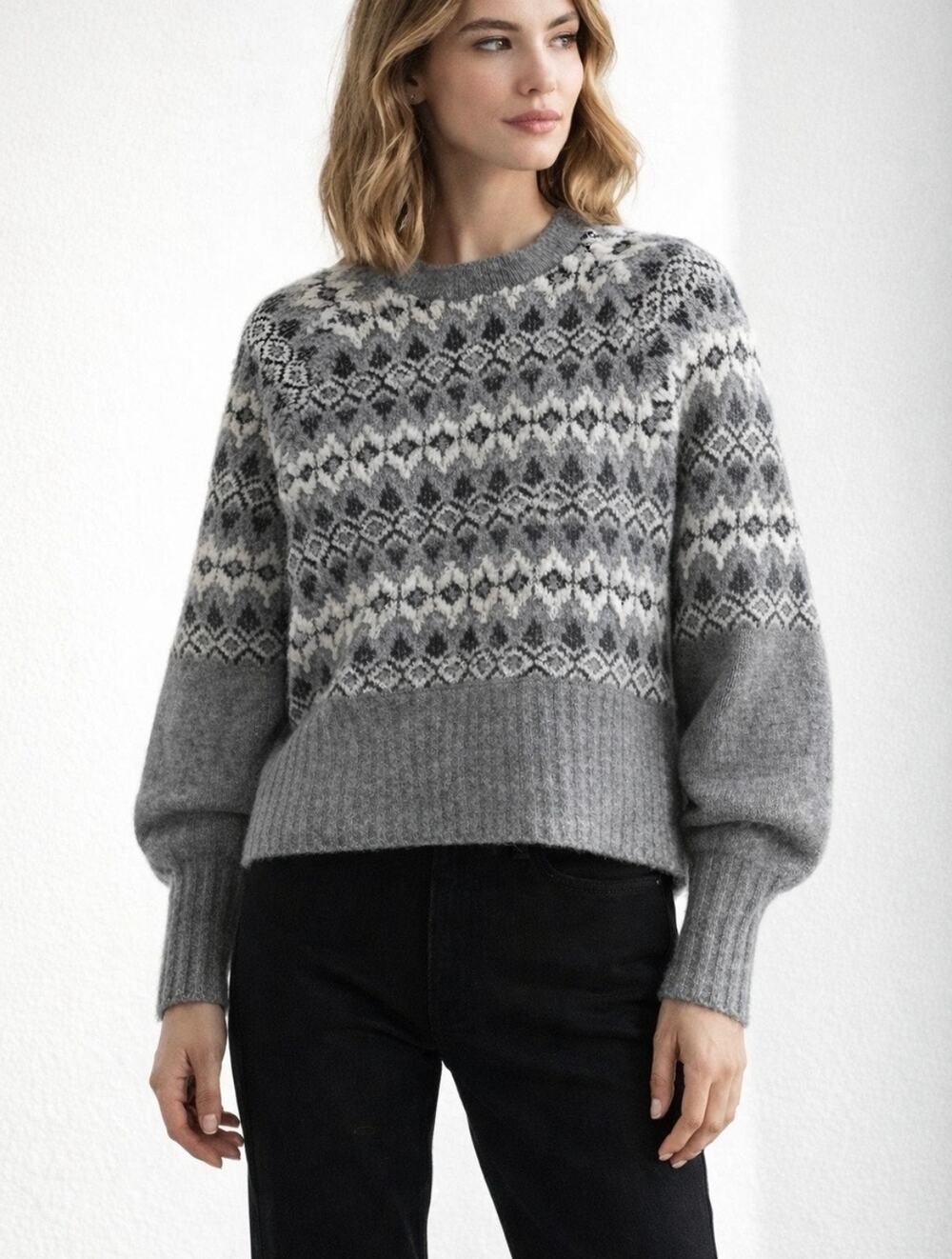 Jason Wu Fair Isle Sweater Gray Nordic Wool Blend Dolman Chic Cozy NEW LARGE